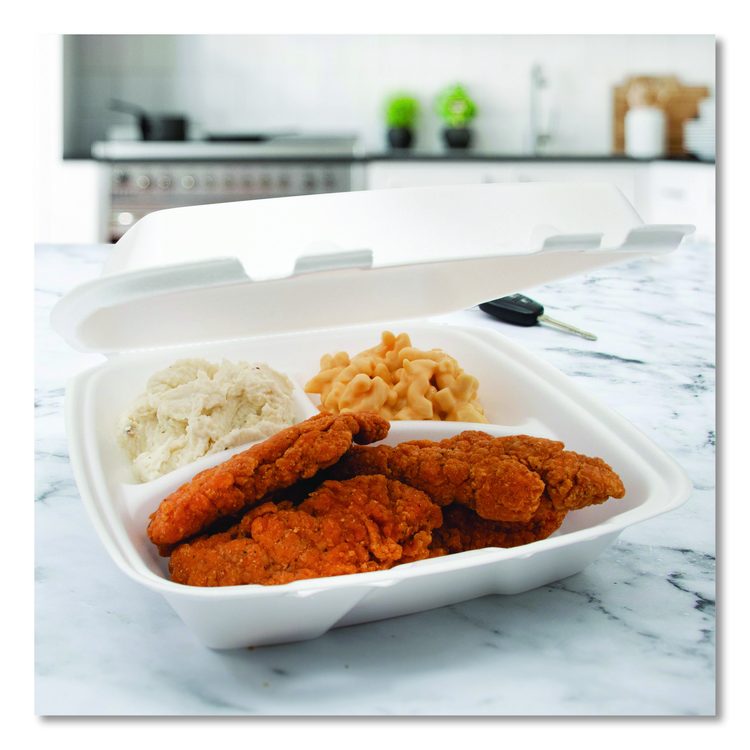 Foam Hinged Lid Container, Performer Perforated Lid, 3 Compartments, 9 x 9.4 x 3, White, 100/Bag, 2 Bag/Carton