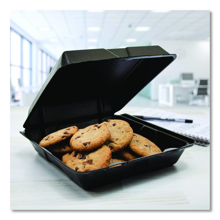 Insulated Foam Hinged Lid Containers, 9.01 x 9.4 x 3.1, Black, 100/Bag, 2 Bags/Carton, 200 Containers/Carton