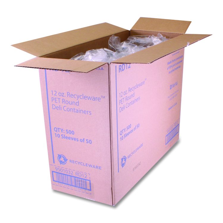 Recycleware Round Deli Container, 12 oz, 4.6" Diameter x 2.3" h, Clear, Plastic, 500/Carton