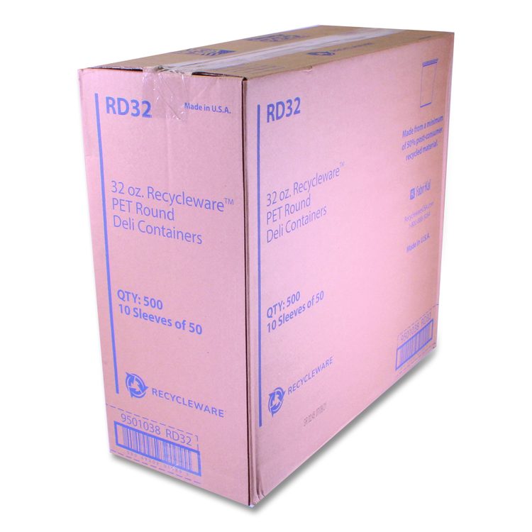 Recycleware Round Deli Container, 32 oz, 4.6" Diameter x 5.8" h, Clear, Plastic, 500/Carton
