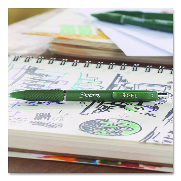 S-Gel Fashion Barrel Gel Pen, Retractable, Medium 0.7 mm, Black Ink, Green Barrel, 4/Pack