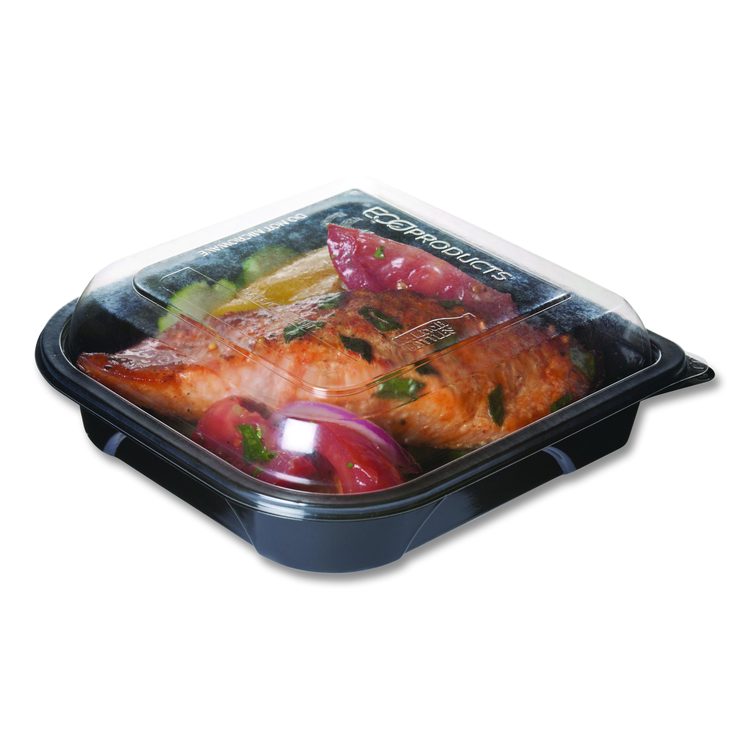 100% Recycled Content 6" Premium Take Out Containers, 12.5 oz, Black Base/Clear Lid, Plastic, 50/Pack, 3 Packs/Carton