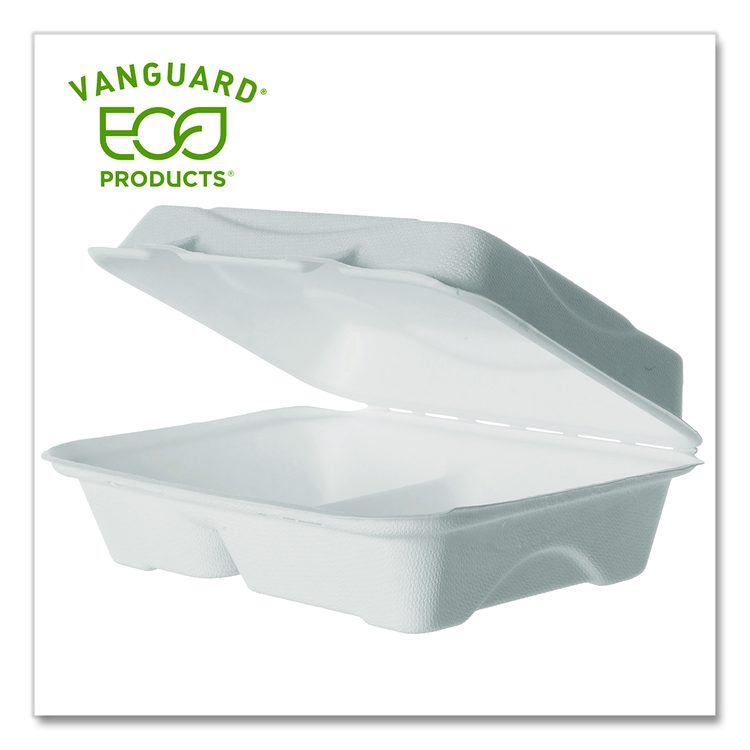 Vanguard Renewable and Compostable Sugarcane Clamshells, 3 Compartments, 9 x 6 x 3, White, 250/Carton