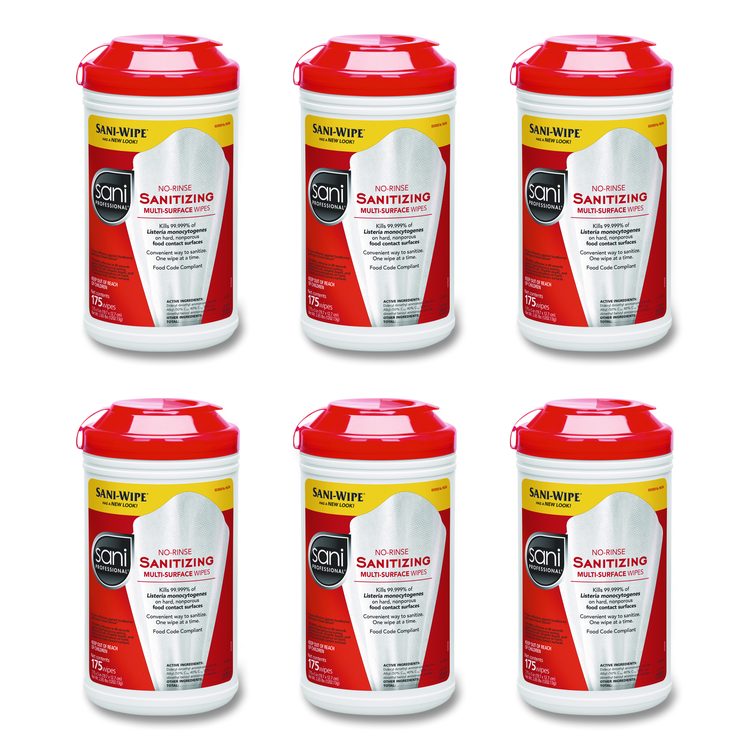 No-Rinse Sanitizing Multi-Surface Wipes, Unscented, White, 175/Container, 6/Carton