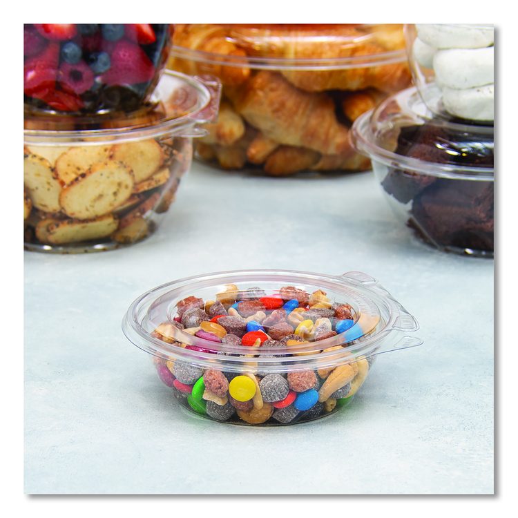 SafeSeal Tamper-Resistant, Tamper-Evident Bowls with Flat Lid, 8 oz, 5.5" Diameter x 1.7" h, Clear, Plastic, 240/Carton