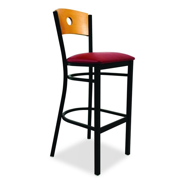 Circle Series Barstool, Supports Up to 300 lb, 28.5" Seat Height, Burgundy Seat, Natural Back, Black Base
