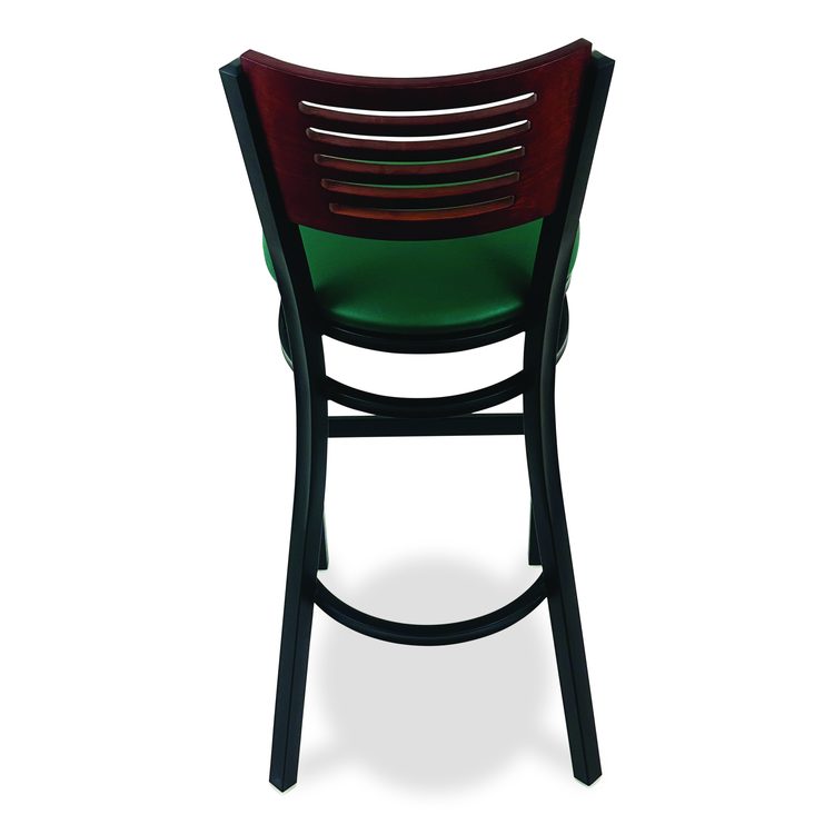 Jones River Series Barstool, Supports Up to 300 lb, 28.5" Seat Height, Green Seat, Dark Mahogany Back, Black Base