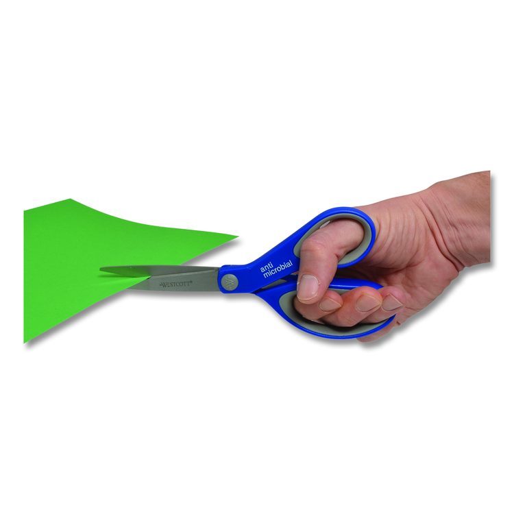 Scissors with Antimicrobial Protection, 8" Long, 3.25" Cut Length, Straight Blue/Gray Handle, 3/Pack
