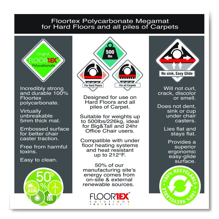 Cleartex MegaMat Heavy-Duty Polycarbonate Mats for Flat to Plush Pile Carpeted and Hard Floors, Rectangular, 46" x 60", Clear