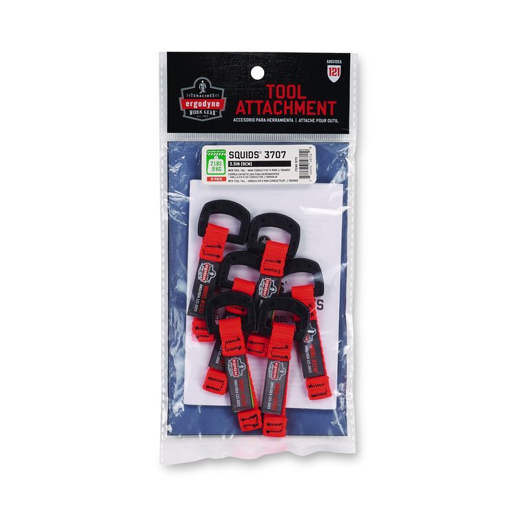 Squids 3707 Web Tool Tether Attachment w/ Non-Conductive D-Ring Tool Tails, 2 lb Max Working Capacity, 3.5", Orange, 6/Pack