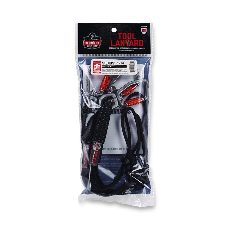 Squids 3714 Elastic Tool Tail Lanyard w/Carabiner and Cinch Loop, 10 lb Max Working Capacity, 15" Long, Black, 3/Pack