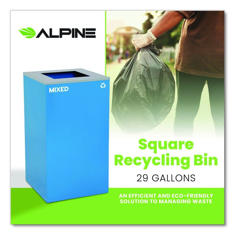 29 Gallon Trash/Recycling Cans, Steel, Blue Mixed Recycling Can with Square Lid