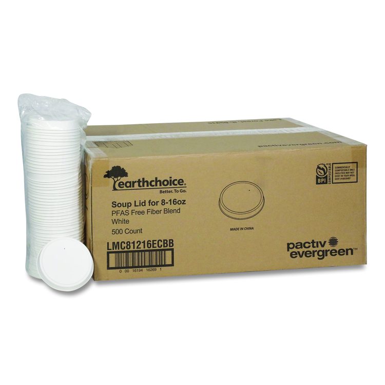 EarthChoice PFAS-Free Compostable Soup Cup Lid, For 8 oz to 16 oz Soup Cups, 4" Diameter, White, Sugarcane, 500/Carton