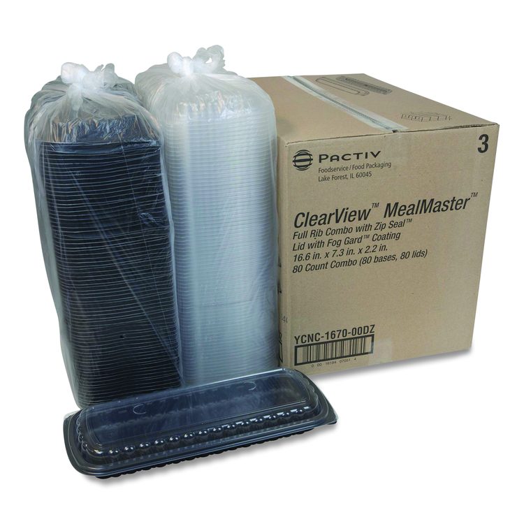 MealMaster Rib Container Base/Lid, 16.6 x 7.3 x 2.3, Black/Clear, Plastic, 80/Carton