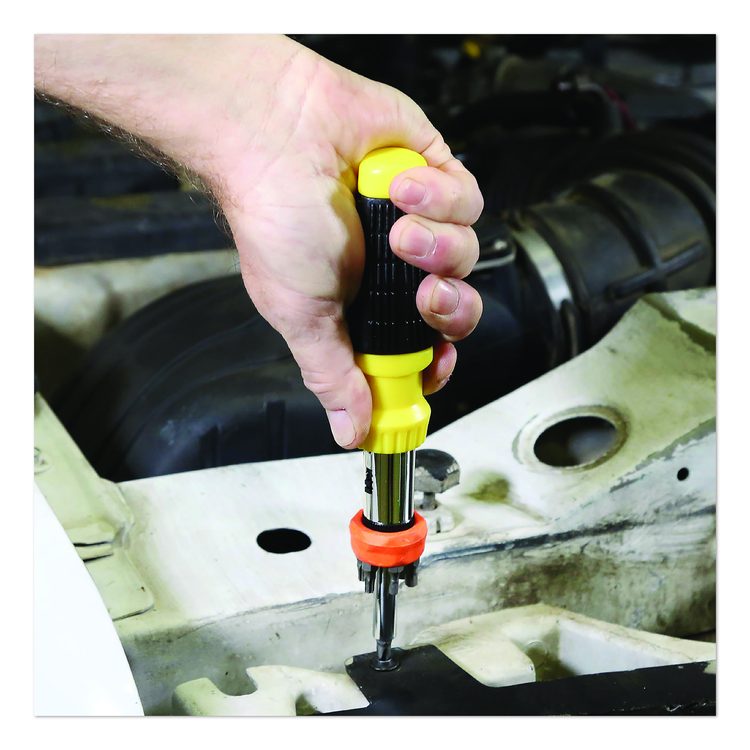 Ratcheting Screw/Nut Driver Set, 34-Piece, Hex/Phillips/Slotted/Star Bits, Metric/SAE Sockets, 8" Long, Yellow/Black Handle