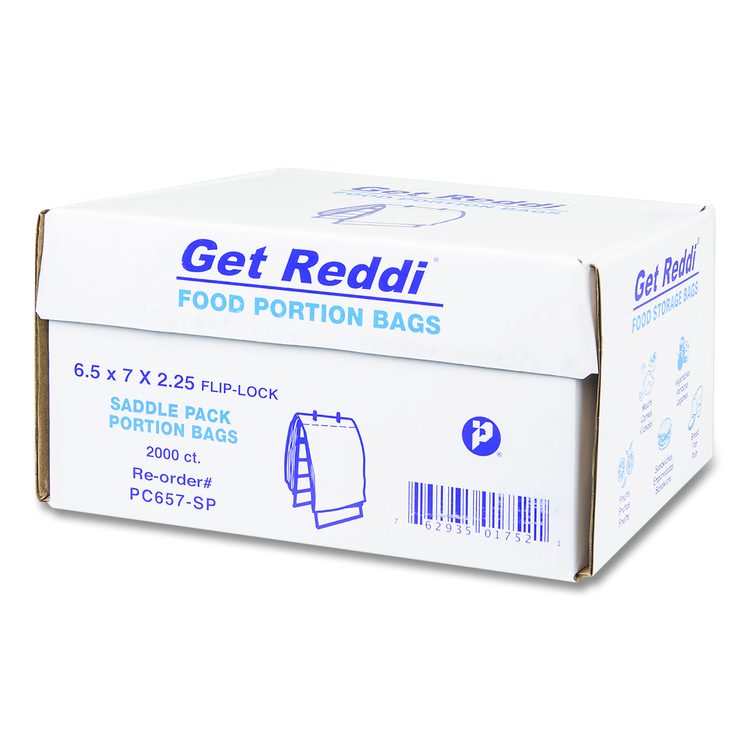 Get Reddi Saddle Pack Poly Food Portion Bags, Fold-Top Closure, 0.5 mil, 6.5" x 7", Clear, 2,000/Carton