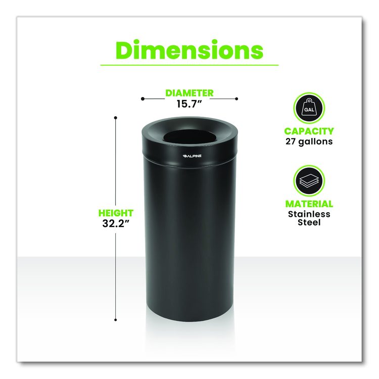 27 Gallon Stainless Steel Commercial Indoor Trash Can, Black