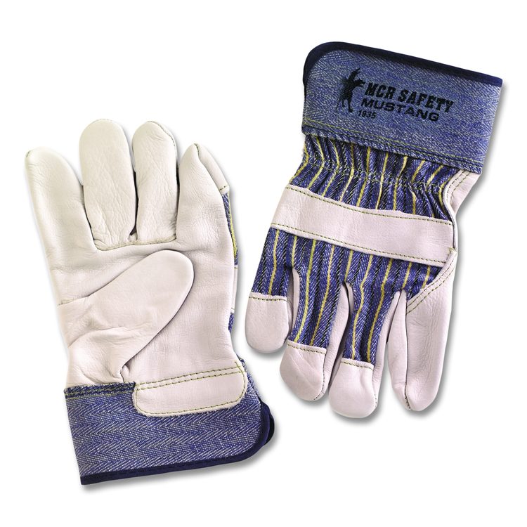 Grain Leather Palm Gloves, Gunn Cut, Wing Thumb, Medium, Blue Striped/White, 12 Pairs