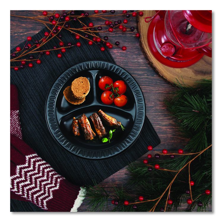 Quiet Classic Laminated Foam Dinnerware, 3-Compartment Plate, 9" dia, Black, 125/Sleeve, 4 Sleeves/Carton