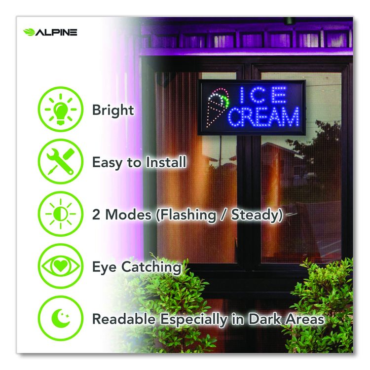 LED Rectangular Ice Cream Sign, 19 x 10, Black Frame, Blue/Green/Orange/Red/White Graphics