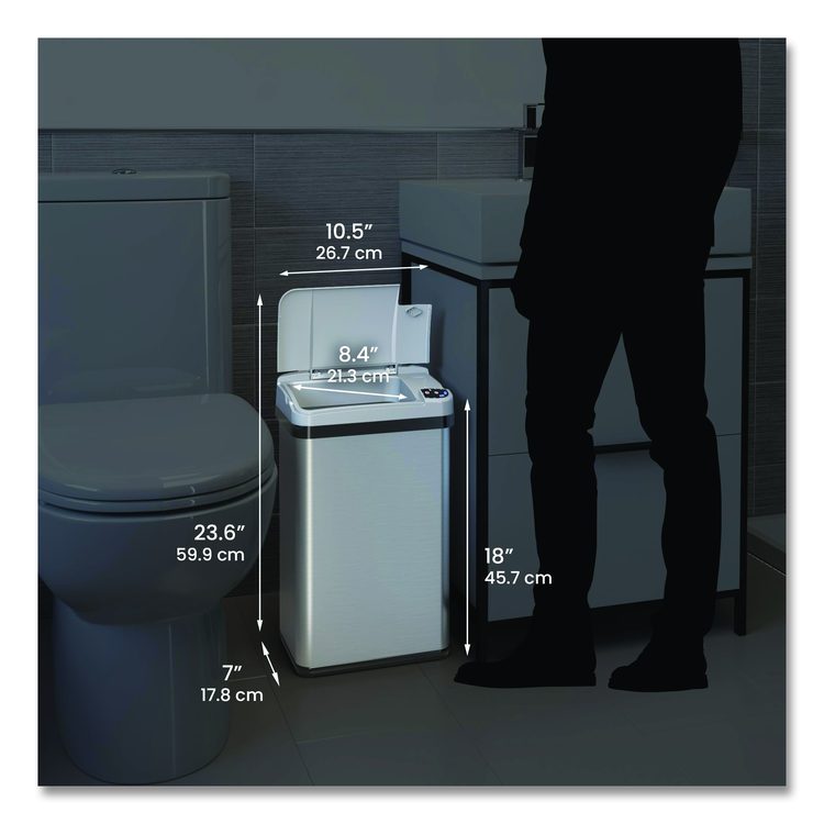 Rectangular Sensor Trash Can, 4 gal, Plastic/Stainless Steel, Silver