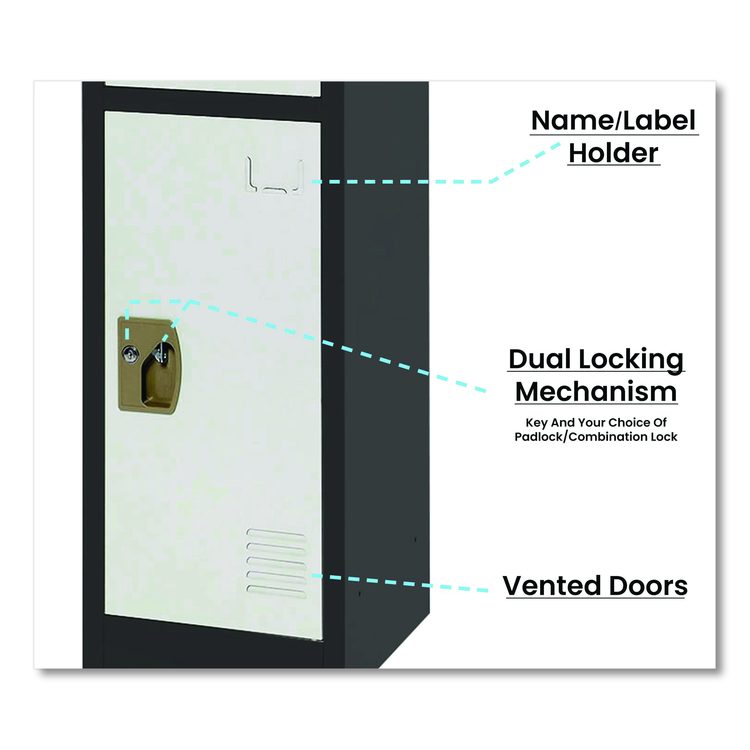 Steel Storage Locker, 3 Compartment, 12 x 12 x 72, Black Body/White Doors