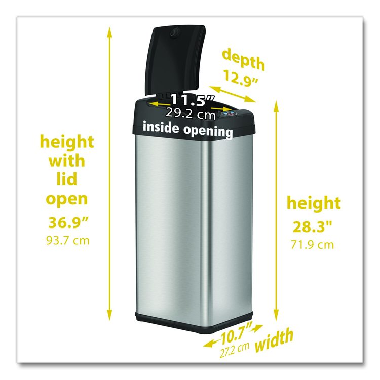 Sensor Trash Can, Rectangular, 13 gal, Plastic/Stainless Steel, Silver