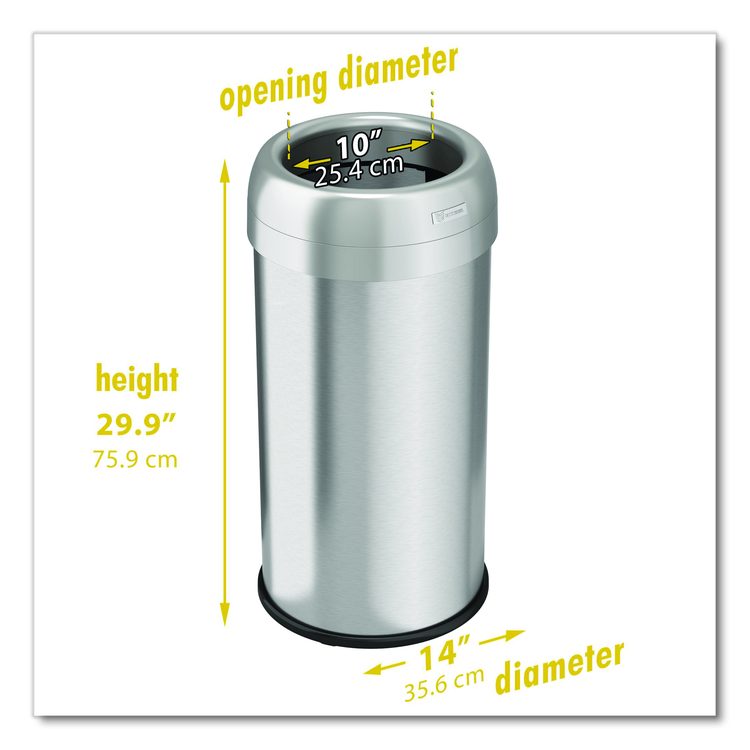 Open Top Trash Can, Round, 16 gal, Plastic/Stainless Steel, Silver