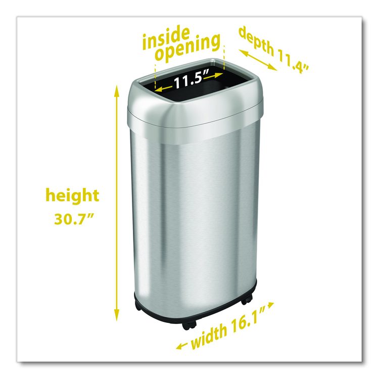 Open Top Trash Can with Wheels, Oval, 16 gal, Plastic/Stainless Steel, Silver