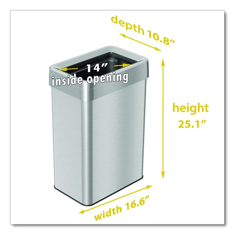 Open Top Trash Can, Rectangular, 16 gal, Plastic/Stainless Steel, Silver