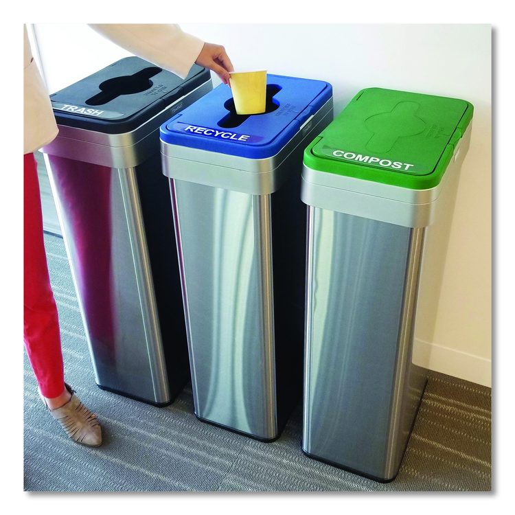 Open Top Trash Can/Recycle Bin/Compost Bin w/Color-Coded Lids Set, 21 gal, Plastic/Stainless Steel, Silver/Black/Blue/Green
