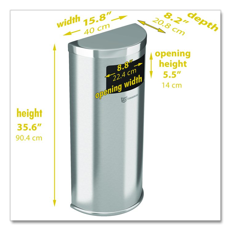 Side-Entry Trash Can with Wall Mount, 9 gal, Stainless Steel, Silver