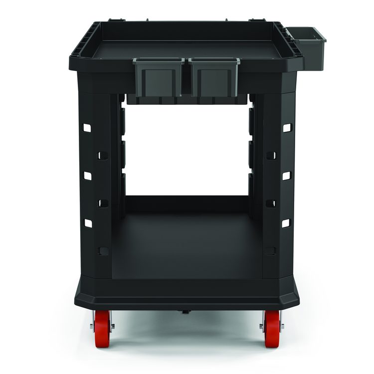 Heavy Duty Plus Utility Cart, Plastic, 2 Shelves, 6 Bins, Capacity, 26.5" x 48.78" x 34.81", Black