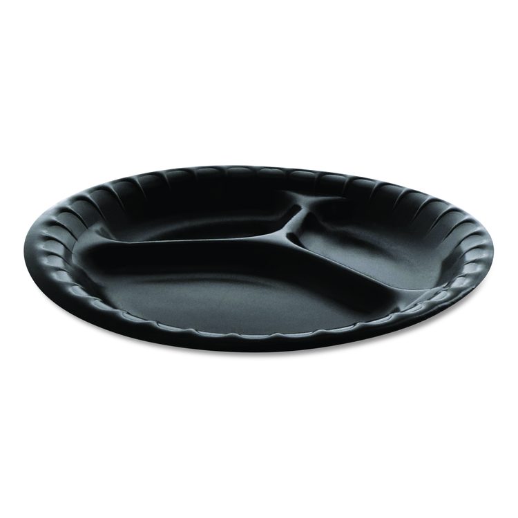 Placesetter Deluxe Laminated Foam Dinnerware, 3-Compartment Plate, 9" dia, Black, 500/Carton
