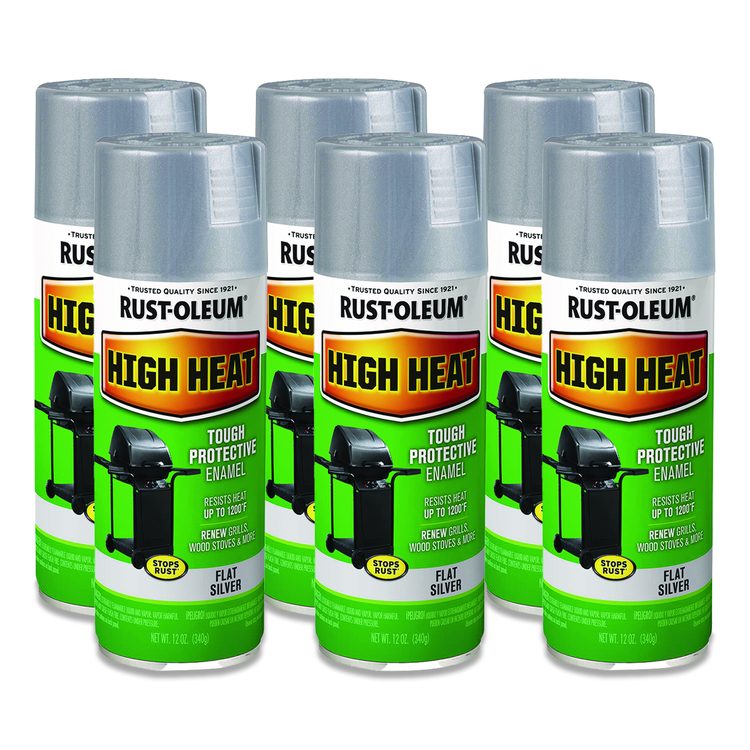 High Heat Enamel Spray Paint, Flat Silver, 12 oz Aerosol Can, 6/Carton