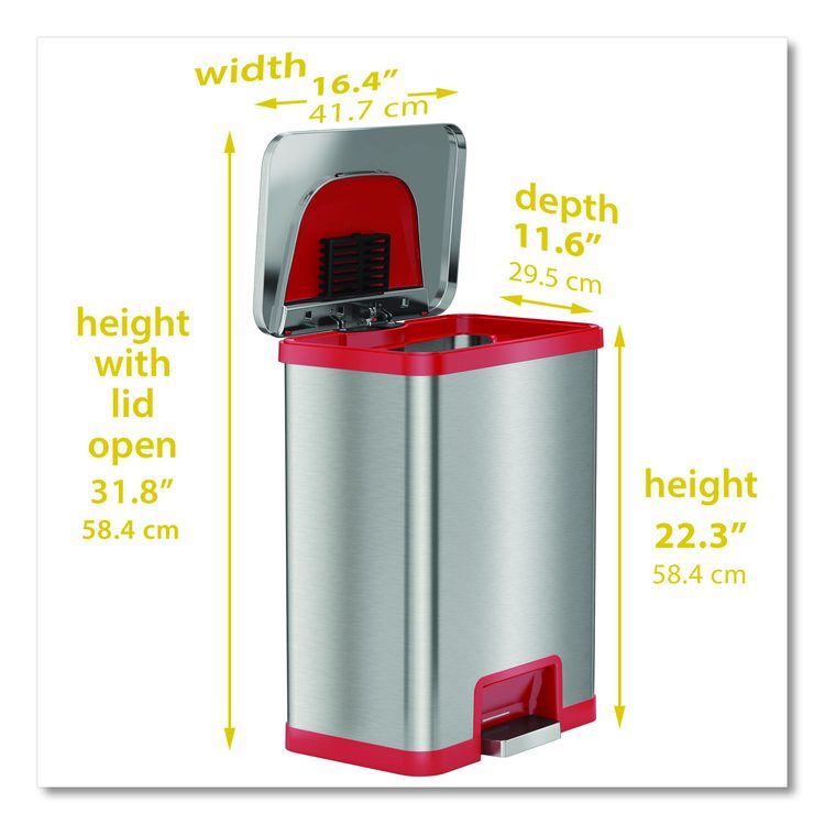 Step Pedal-Sensor Trash Can, 13 gal, Plastic/Stainless Steel, Silver/Red