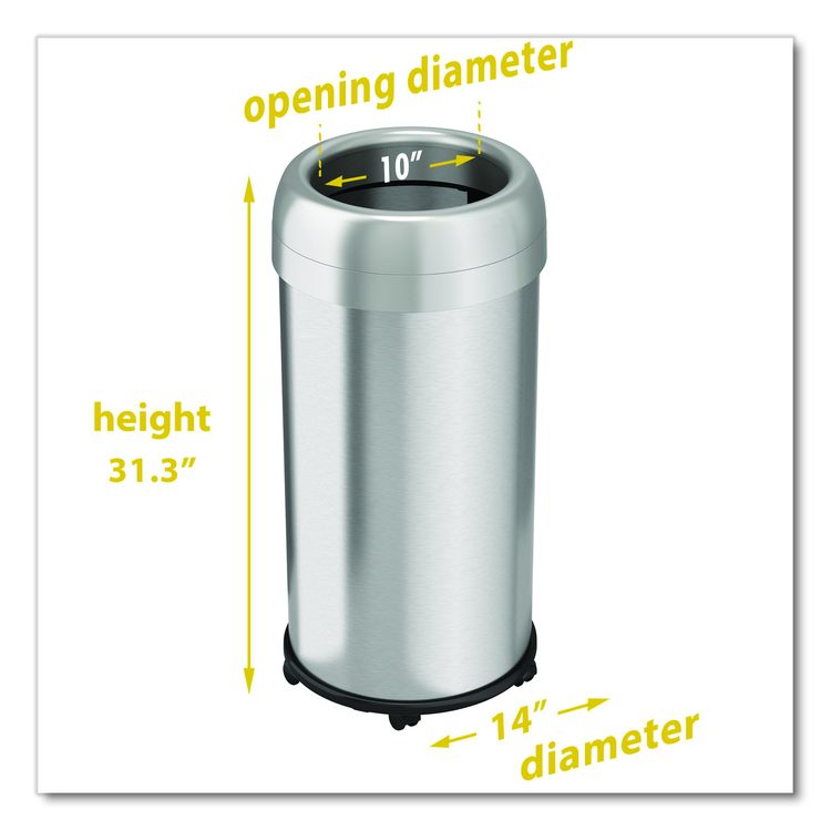 Open Top Trash Can with Wheels, Round, 16 gal, Plastic/Stainless Steel, Silver