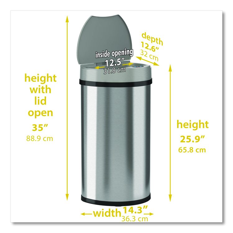 Sensor Trash Can, Half-Round Cylinder, 13 gal, Plastic/Stainless Steel, Silver