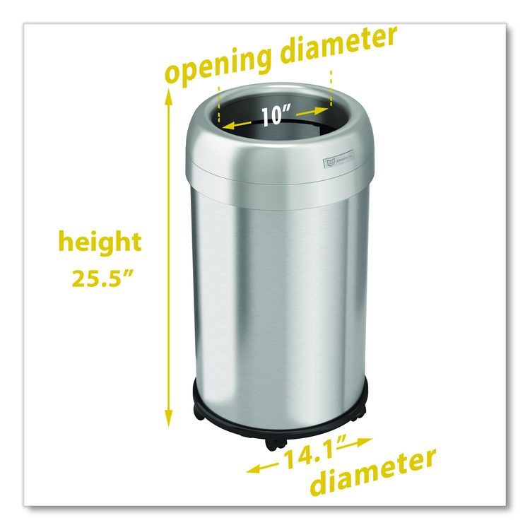 Open Top Trash Can with Wheels, Round, 13 gal, Plastic/Stainless Steel, Silver