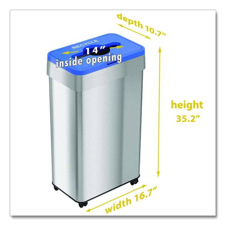 Open Top Recycling Bin with Wheels and Color-Coded Lid, 21 gal, Plastic/Stainless Steel, Silver/Blue