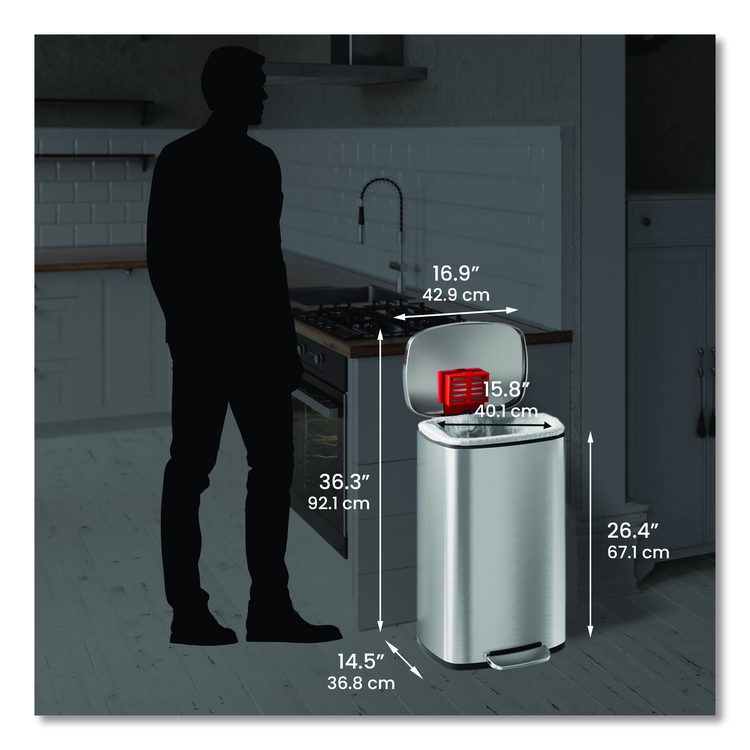 Step Pedal Trash Can, 13 gal, Plastic/Stainless Steel, Silver