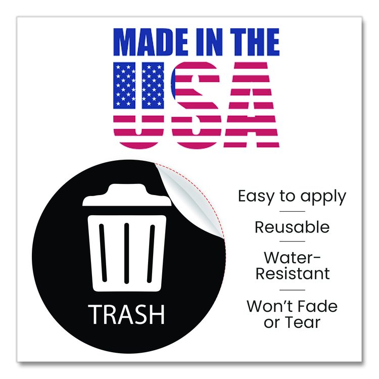 Vinyl Decals, Trash, 4" Diameter, Black/White, 3/Pack