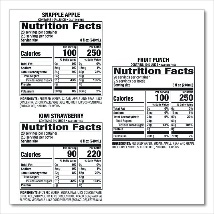 Juice Drink Variety Pack, Snapple Apple, Fruit Punch, Kiwi Strawberry, 20 oz Bottle, 24/Carton