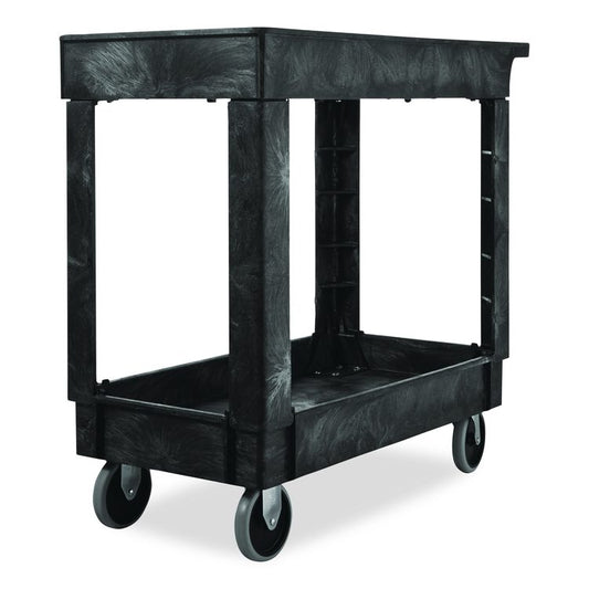 Heavy-Duty Flat-Handle Maintenance/Utility Cart, Plastic, 2 Shelves, 500 lb Capacity, 34.13" x 17.38" x 32.38", Black
