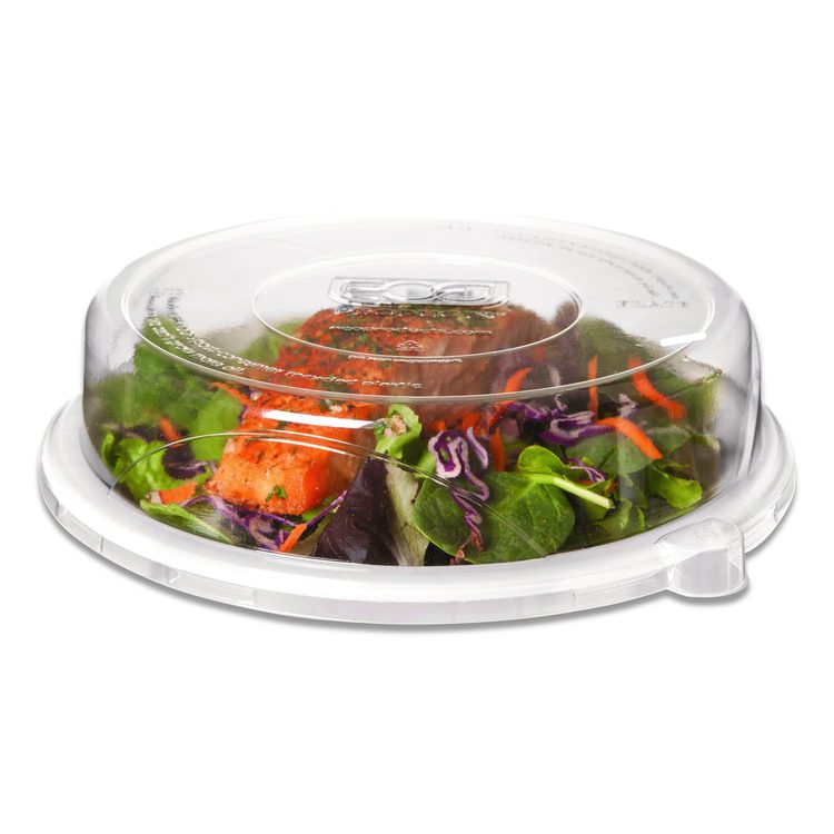 100% Recycled Content Round Plate Lids, Plastic, 9" dia x 1.5" h, Clear, 300/Carton