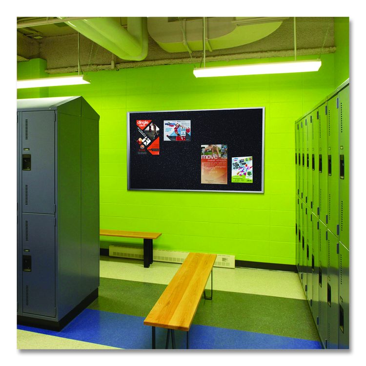 Recycled Bulletin Board, 87.91 x 48.5, Confetti Surface, Satin Aluminum Frame