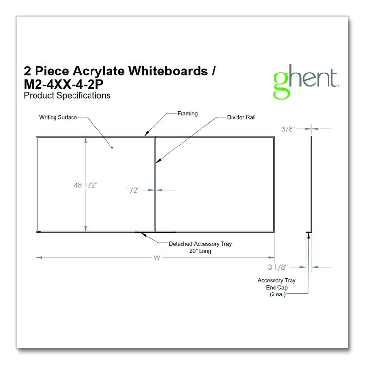 Two-Piece M2 Non-Magnetic Whiteboard with Aluminum Frame, 144.5" x 48.5", White Surface, Satin Aluminum Frame