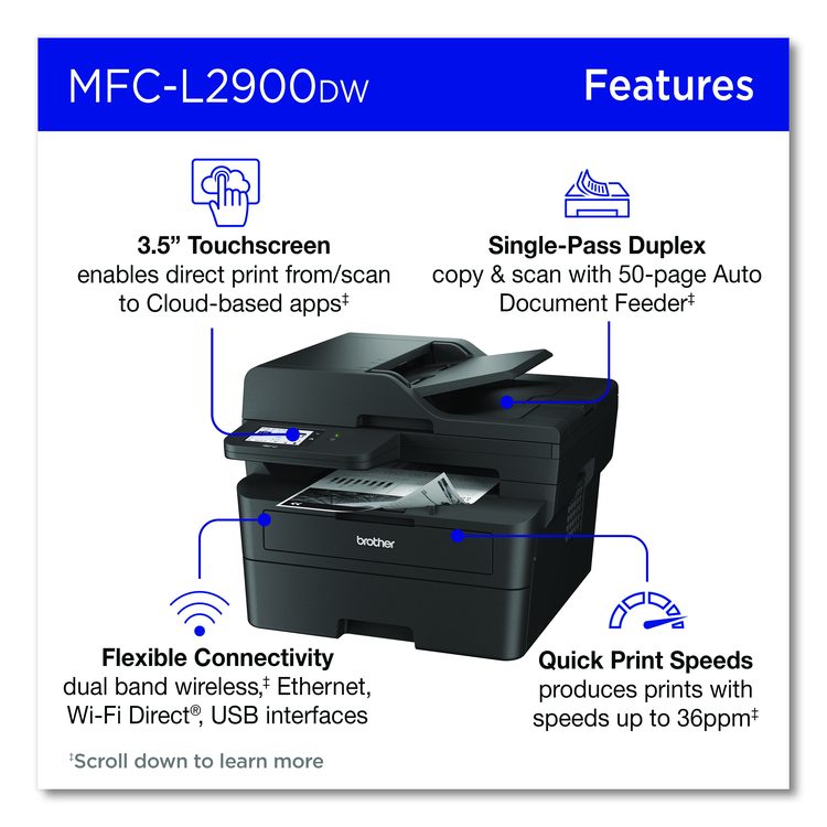 Wireless MFC-L2900DW Compact Monochrome AIO Laser Printer, Copy/Fax/Print/Scan