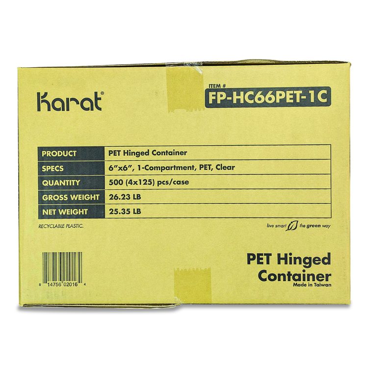 PET Plastic Hinged Container, 6 x 6 x 3.3, Clear, Plastic, 500/Carton