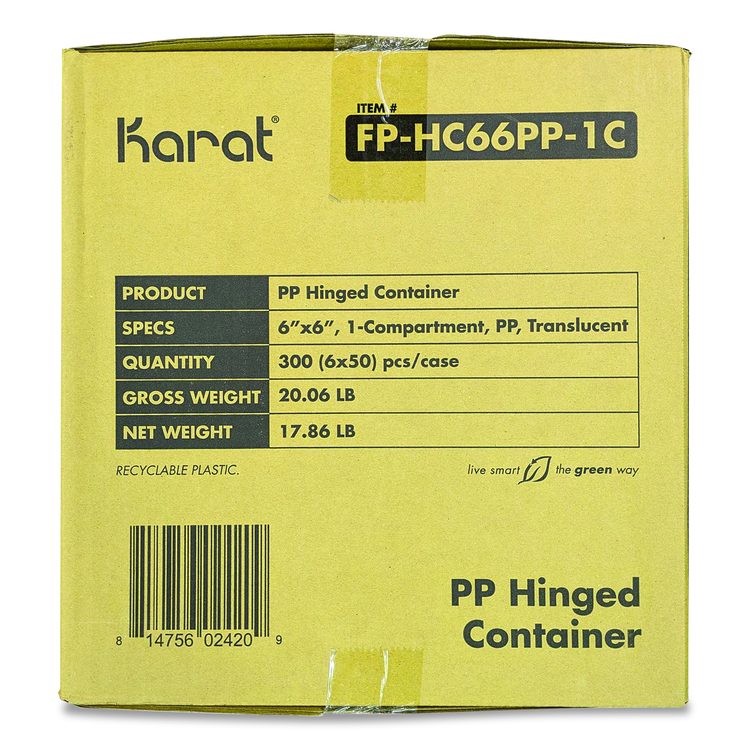 Polypropylene Plastic Hinged Container, 6 x 6 x 3.3, Clear, Plastic, 50/Pack, 6 Packs/Carton